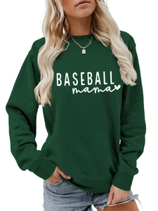 Detail of dark green crewneck sweatshirt with Baseball Mama print and ribbed cuffs