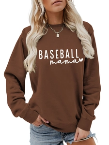 Detail shot of Baseball Mama lettering on dark brown crewneck sweatshirt fabric