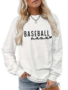 Detail of Baseball Mama print on casual light grey crewneck sweatshirt for women