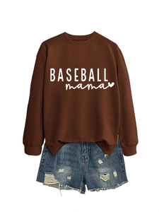 Detail view of dark brown Baseball Mama sweatshirt paired with distressed denim shorts