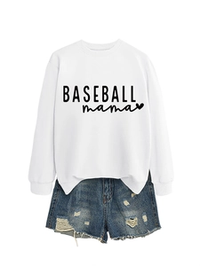 Detail of white Baseball Mama sweatshirt paired with distressed light blue denim shorts