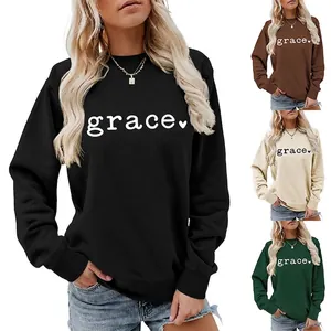 Women Casual Cotton Blend Round Neck Sweatshirt Long Sleeve Grace Heart Print Pullover Autumn Winter Loose Fashion Jumper