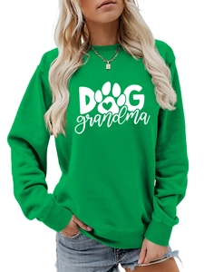Detail of emerald green Dog Grandma sweatshirt with ribbed cuffs and white print
