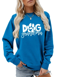Detailed shot of ribbed neckline and white Dog Grandma print on blue sweatshirt