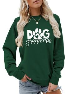 Detail of Dog Grandma print on dark green crewneck sweatshirt with heart and paw graphics