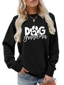 Close-up of black Dog Grandma crewneck sweatshirt with white graphic print and ribbed cuffs