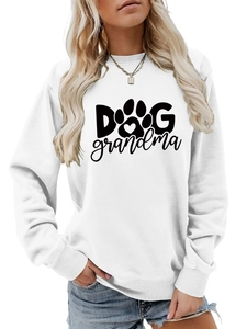 Detail of Dog Grandma print and heart paw print on a white long sleeve sweatshirt