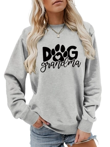 Detail of grey crewneck sweatshirt with black DOG grandma print and ribbed cuffs