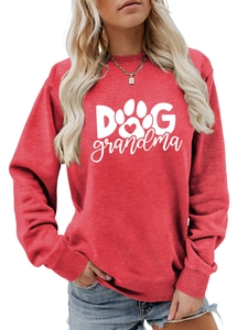 Close-up of the Dog Grandma white print and soft red fabric texture on long sleeve sweatshirt
