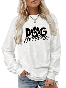 Detail of Dog Grandma print on light grey crewneck sweatshirt with ribbed cuff texture