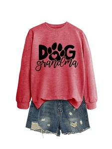 Detail of red crewneck sweatshirt with Dog Grandma print and blue denim shorts set