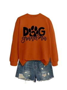 Orange long sleeve sweatshirt with black Dog Grandma text print and denim shorts set
