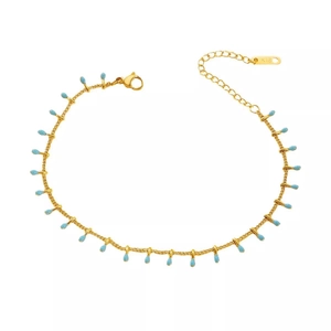Luxurious gold titanium steel anklet featuring light blue teardrop charms and K18 hallmark
