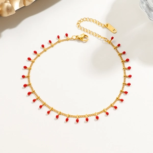 Luxurious gold titanium steel anklet with delicate red droplet tassels and K18 hallmark