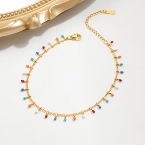 Elegant gold titanium anklet with colorful droplet charms and adjustable lobster clasp