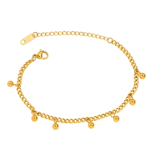 Golden titanium steel curb chain bracelet with seven spherical beads and lobster clasp