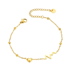 Tobillera de acero inoxidable dorado con dijes de corazón y latido con cierre ajustable