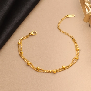 Double-layer 18K gold plated bead chain bracelet with adjustable lobster clasp and K18 tag
