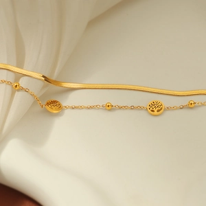 Double-layer gold stainless steel snake chain bracelet with Tree of Life pendant for women