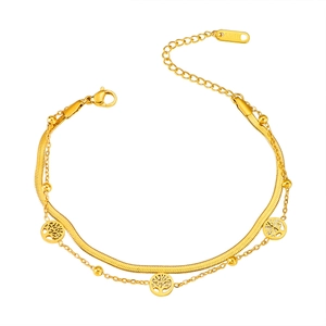 Gold double-layer stainless steel snake chain bracelet with hollow tree of life charms