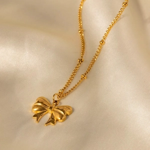 Bow Pendant Necklace Titanium Stainless Steel Gold Plated Satellite Bead Chain Vintage Elegant Jewelry For Women