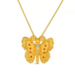 Exquisite gold butterfly pendant necklace with blue turquoise stone and filigree detail