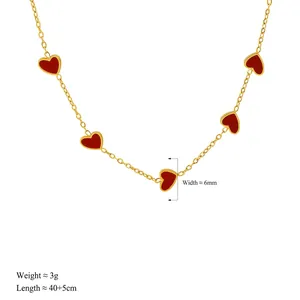 Gold chain necklace with five red heart charms, length 40+5cm, 6mm wide enamel pendants
