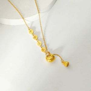 Gold stainless steel lotus tassel necklace with Ping'an Xile and Fu pendant charms