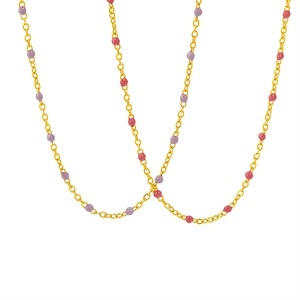 Minimalist gold titanium necklace with colorful enamel beads in purple and rose red
