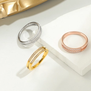 Three-piece titanium steel ring set with double-row zircon in gold, silver, and rose gold