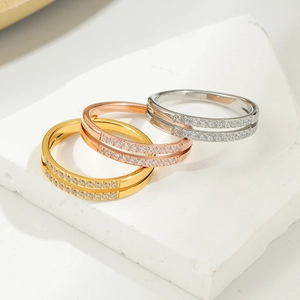 Three vintage titanium steel double-layer rings set with 22 zircons in gold, rose gold and silver