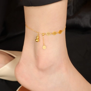 Golden Chinese gourd and Fu character anklet for women with luxury minimalist style