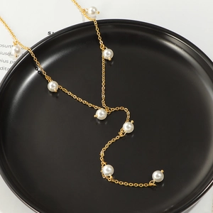 Elegant Y-Shape Tassel Necklace Stainless Steel Gold Plated With Imitation Artificial Pearls Retro Clavicle Chain For Women