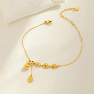 Golden gourd and Fu character anklet with adjustable chain for women in Chinese style