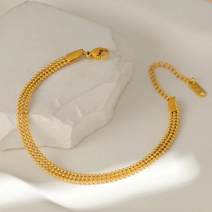 Women Three Row Beaded Bracelet Titanium Steel 18K Gold Plated Elegant Adjustable Jewelry Light Luxury Style
