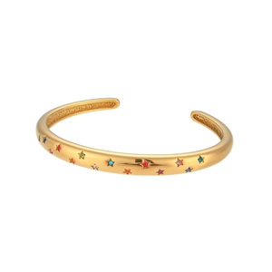 Polished gold cuff bracelet for women featuring multi-colored star-shaped gemstones
