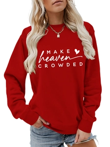 Detail view of red crewneck sweatshirt with white Make Heaven Crowded slogan print