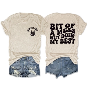 Detailed front and back views of gray cotton t-shirt with retro slogan graphic print