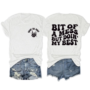 Front and back view of white cotton T-shirt featuring DOIN' MY BEST slogan and graphic print