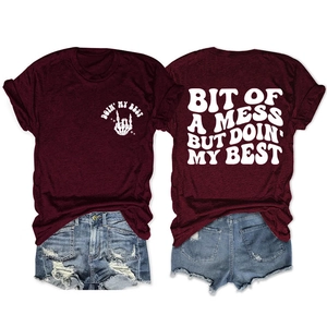 Deep red cotton T-shirt featuring white letter print with front and back views displayed