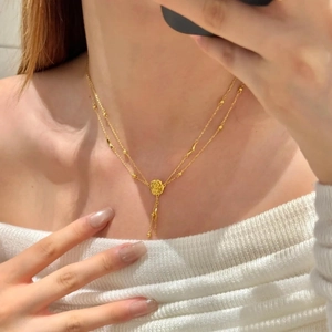 Double-layered gold-plated rose flower necklace with elegant chain tassels and beads