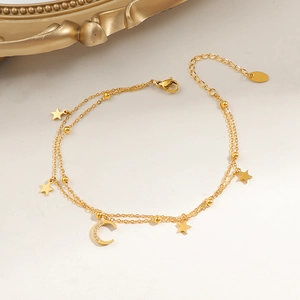 Double-layered gold star and moon ankle bracelet with polished pendants for women