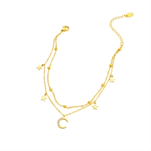 Double-layer gold star and crescent moon anklet with K18 engraving in stainless steel