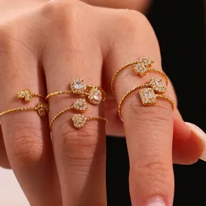 Bagues En Acier Inoxydable Avec Cœur Carré Zircon Délicat Anneau Torsadé Réglable Bijoux De Mode Pour Femmes
