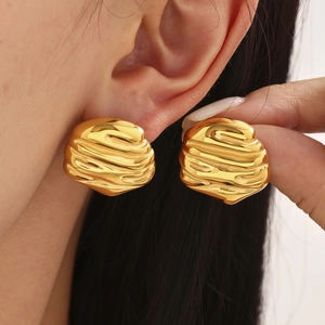 Chic 18K gold plated stainless steel stud earrings with pleated wavy texture design