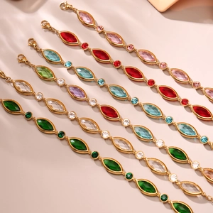 Luxury 18K gold plated stainless steel bracelets with colorful marquise crystals