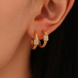 Twisted Rope C Shaped Hoop Earrings Stainless Steel With Zircon Light Luxury Retro Jewelry For Women Chic Gift