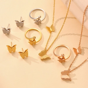 18K gold plated 3D butterfly jewelry set with necklace ring and earrings in frosted finish