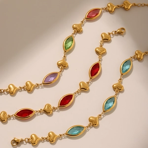 18K gold plated stainless steel anklet with colorful marquise crystal heart links