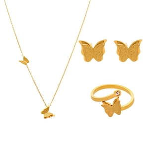 18K gold plated stainless steel jewelry set with butterfly pendants and crystal ring